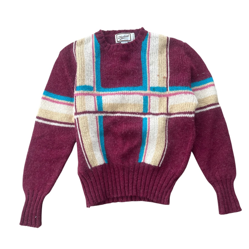 80s Merona Sport Icelandic Wool Sweater Geometric Stripe XL Maroon Vintage